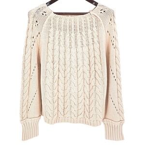 Sage + Fig Cream Cable Knit Sweater Pointelle Raglan Fisherman's Large NEW